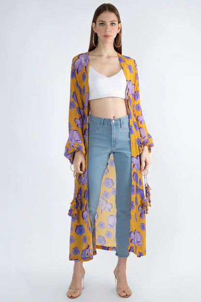 Yellow Digital Printed Jacket With Drawstrings