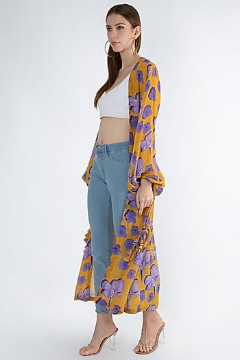 Yellow Digital Printed Jacket With Drawstrings