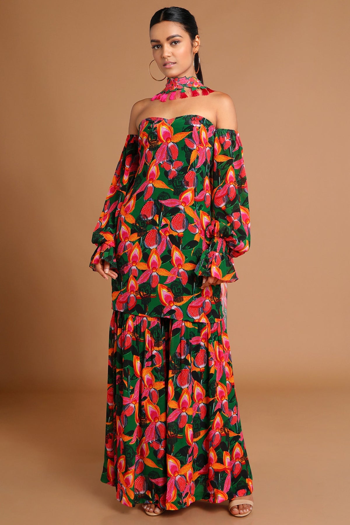 Green Off Shoulder Sharara Set With Choker