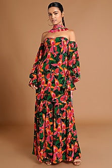 Green Off Shoulder Sharara Set With Choker
