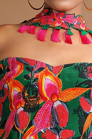 Green Off Shoulder Sharara Set With Choker