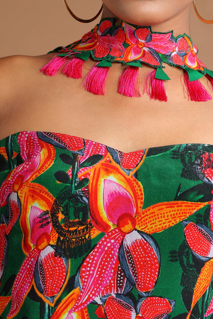 Green Off Shoulder Sharara Set With Choker