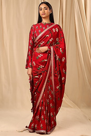 Red Raw Silk Embroidered & Spring Blossom Printed Saree Set