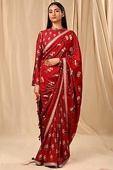 Red Raw Silk Embroidered & Spring Blossom Printed Saree Set