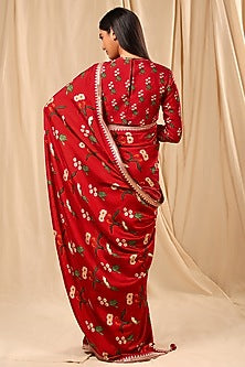 Red Raw Silk Embroidered & Spring Blossom Printed Saree Set