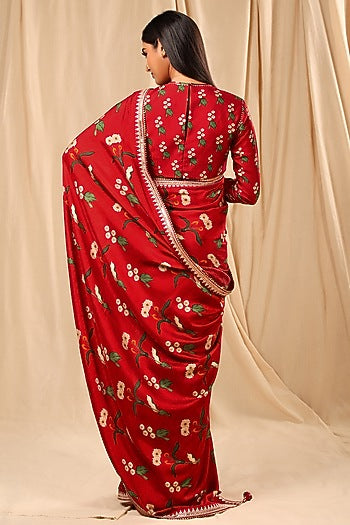 Red Raw Silk Embroidered & Spring Blossom Printed Saree Set