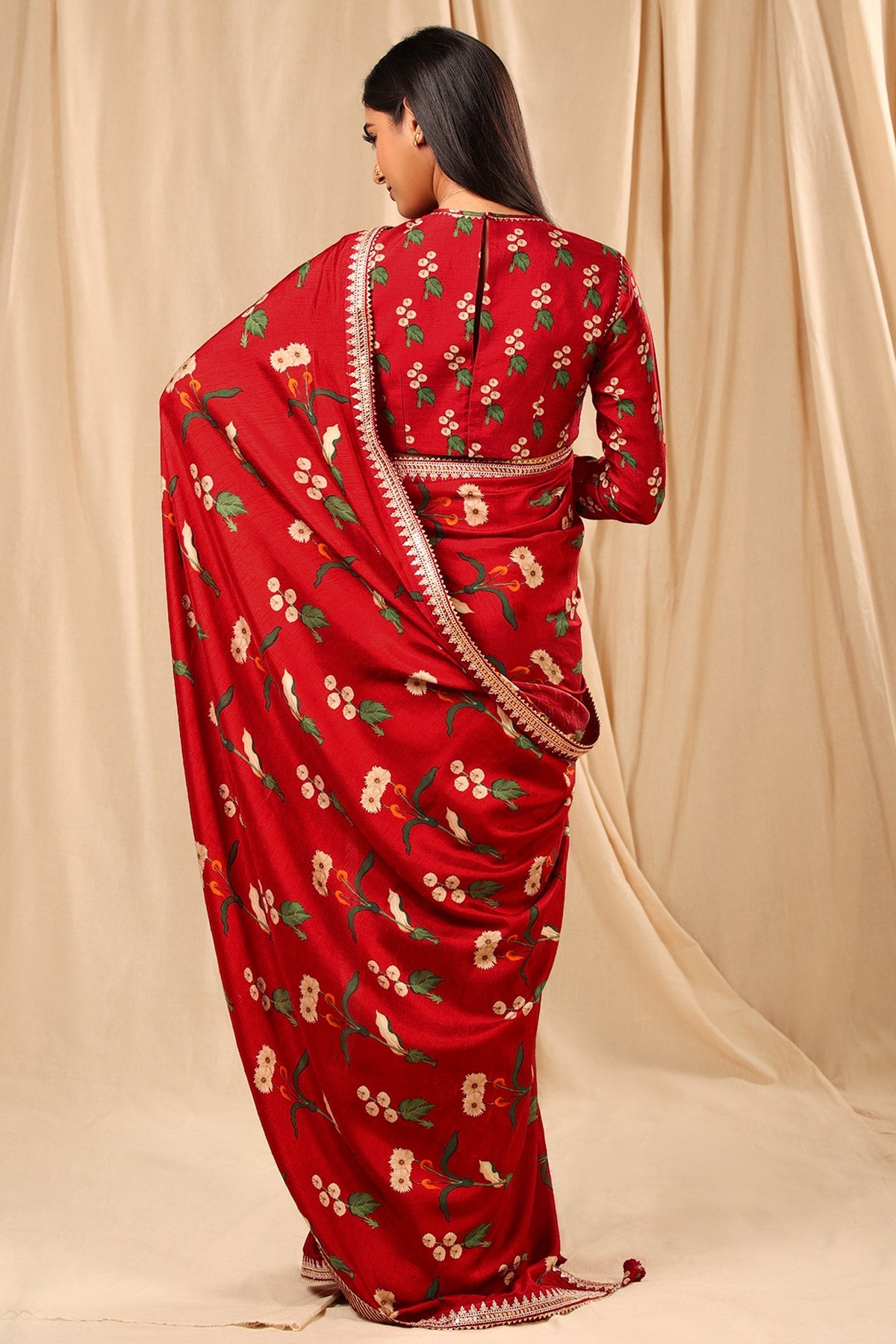 Red Raw Silk Embroidered & Spring Blossom Printed Saree Set