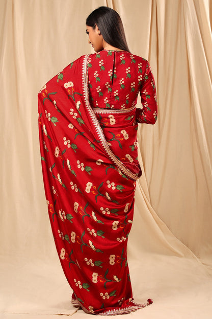 Red Raw Silk Embroidered & Spring Blossom Printed Saree Set
