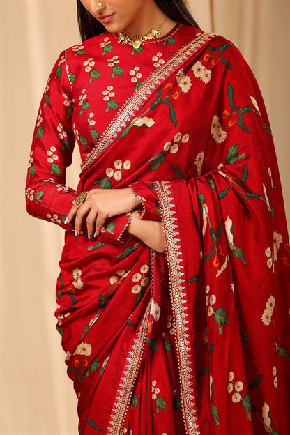 Red Raw Silk Embroidered & Spring Blossom Printed Saree Set