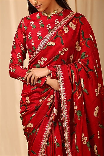 Red Raw Silk Embroidered & Spring Blossom Printed Saree Set