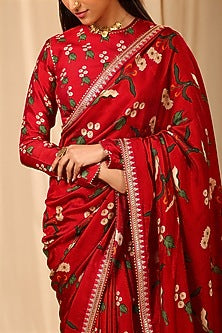 Red Raw Silk Embroidered & Spring Blossom Printed Saree Set