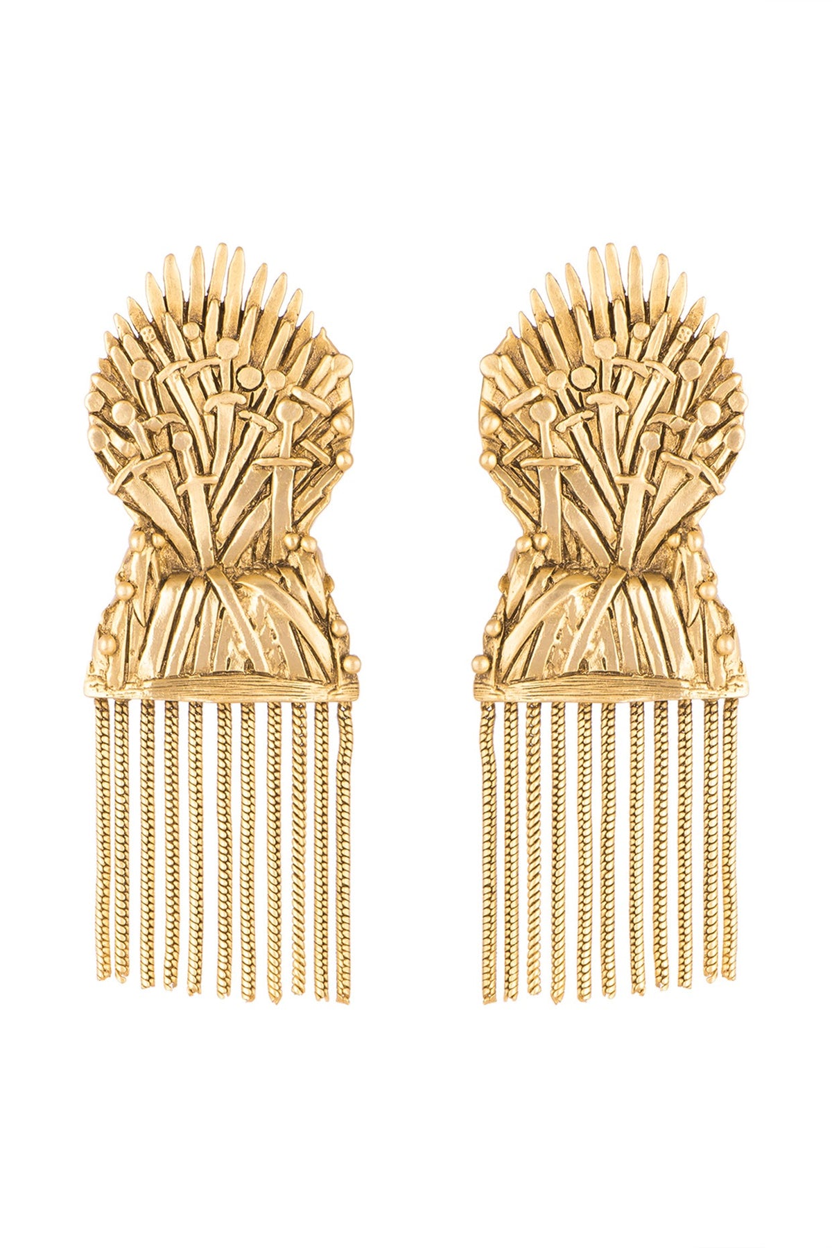 Gold Finish Iron Throne Motif Drop Earrings