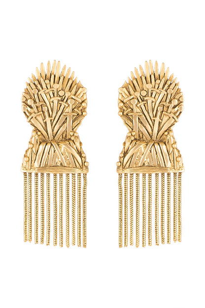 Gold Finish Iron Throne Motif Drop Earrings