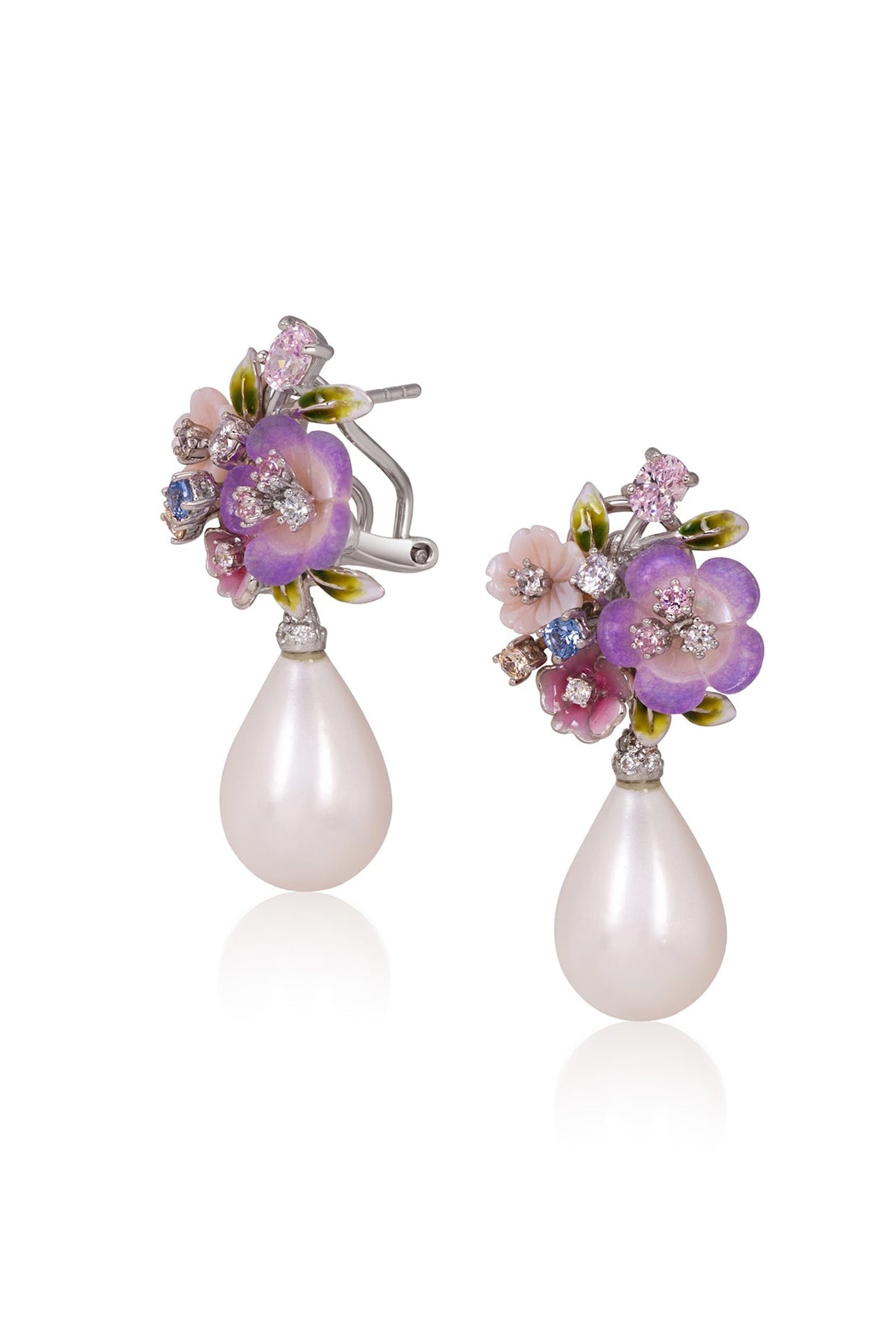 White Rhodium Finish Pearl Drop Violet Enameled Dangler Earrings In Sterling Silver