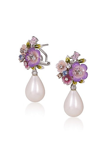 White Rhodium Finish Pearl Drop Violet Enameled Dangler Earrings In Sterling Silver