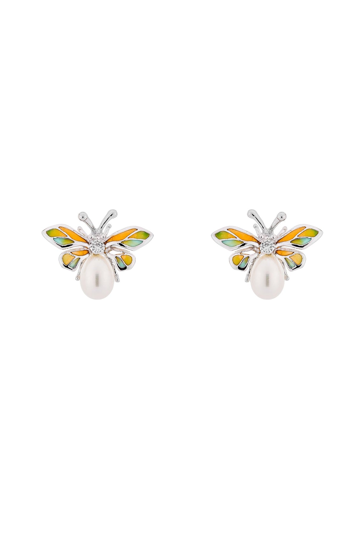 White Rhodium Finish Orange Enameled Butterfly Stud Earrings In Sterling Silver