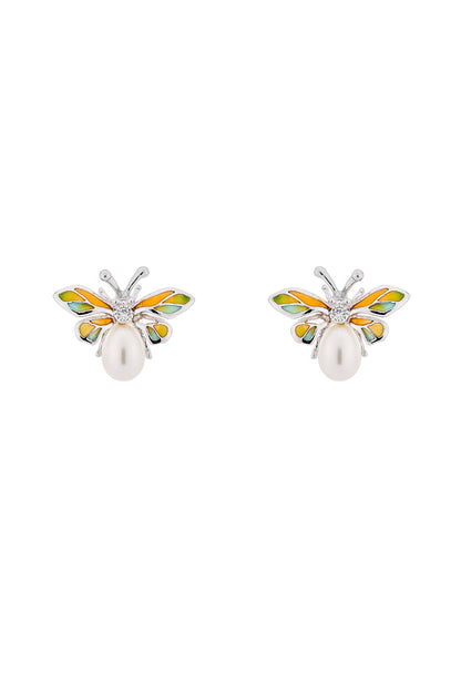 White Rhodium Finish Orange Enameled Butterfly Stud Earrings In Sterling Silver