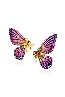 Gold Finish Purple Enameled Butterfly Stud Earrings In Sterling Silver