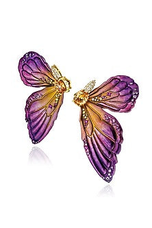Gold Finish Purple Enameled Butterfly Stud Earrings In Sterling Silver