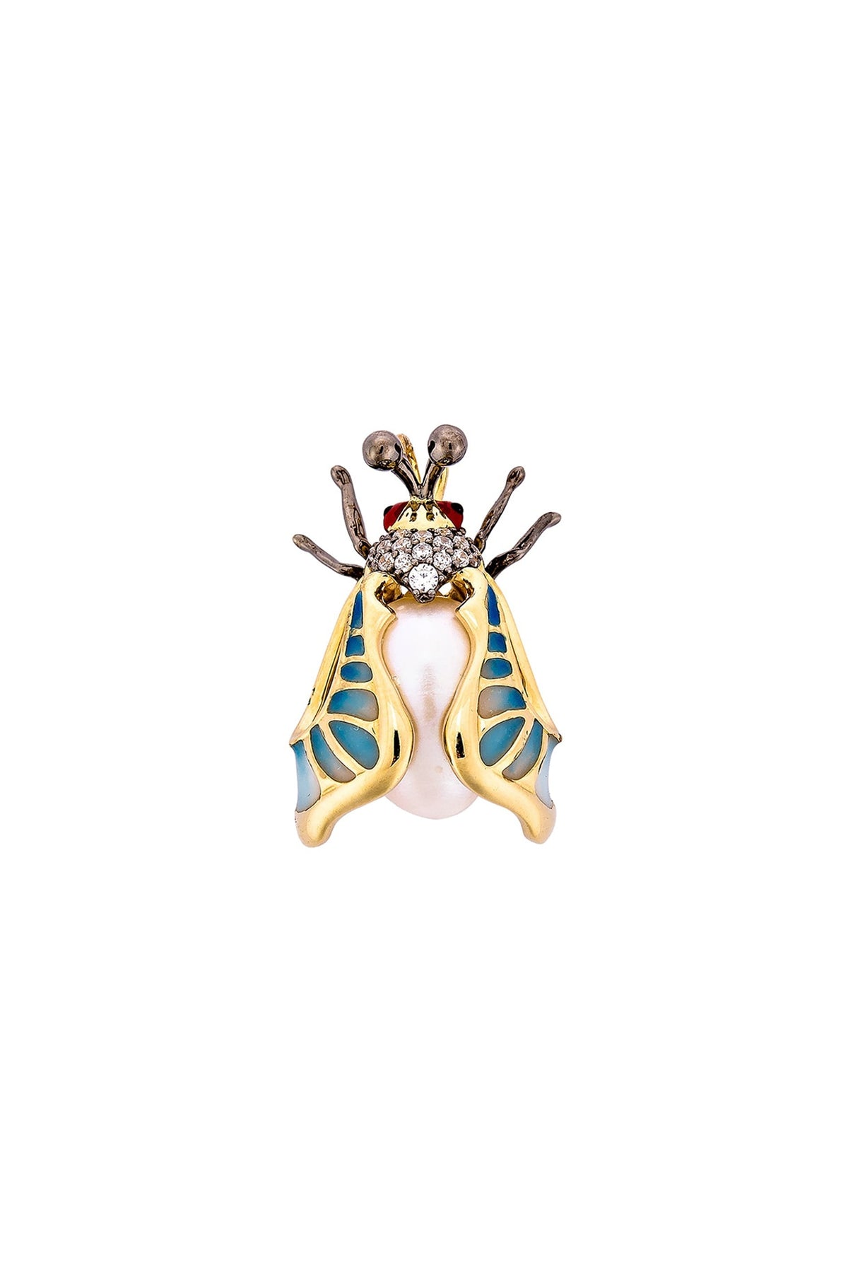 Gold Finish Blue Enameled Statement Brooch In Sterling Silver