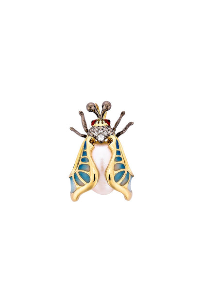 Gold Finish Blue Enameled Statement Brooch In Sterling Silver