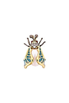 Gold Finish Blue Enameled Statement Brooch In Sterling Silver