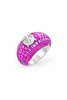 White Rhodium Finish Ruby Synthetic Spinel & White Stone Ring In Sterling Silver
