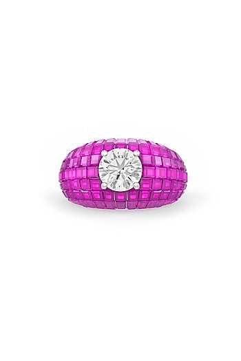 White Rhodium Finish Ruby Synthetic Spinel & White Stone Ring In Sterling Silver