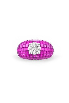 White Rhodium Finish Ruby Synthetic Spinel & White Stone Ring In Sterling Silver