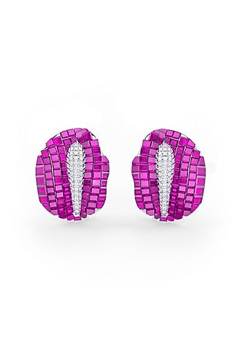 White Rhodium Finish Ruby Synthetic Spinel Stud Earrings In Sterling Silver