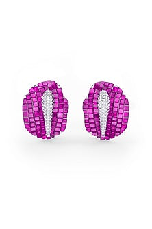 White Rhodium Finish Ruby Synthetic Spinel Stud Earrings In Sterling Silver