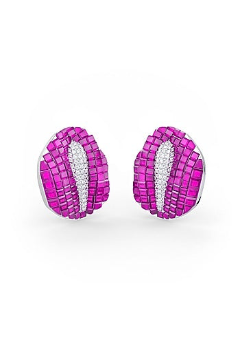 White Rhodium Finish Ruby Synthetic Spinel Stud Earrings In Sterling Silver