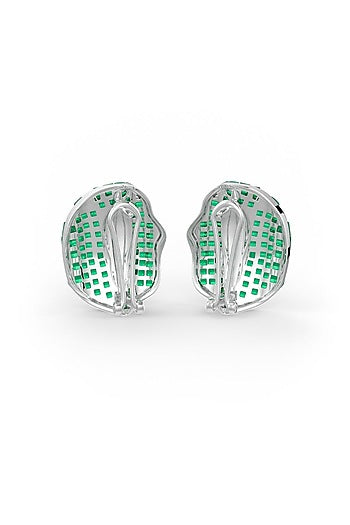 White Rhodium Finish Emerald Synthetic Spinel Stud Earrings In Sterling Silver