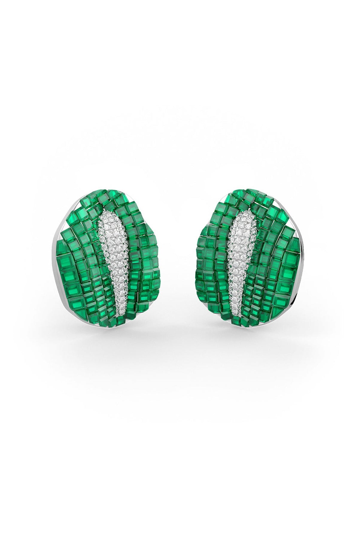 White Rhodium Finish Emerald Synthetic Spinel Stud Earrings In Sterling Silver