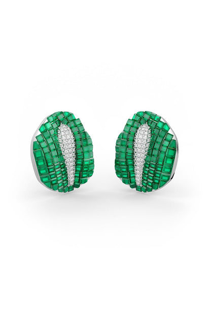 White Rhodium Finish Emerald Synthetic Spinel Stud Earrings In Sterling Silver