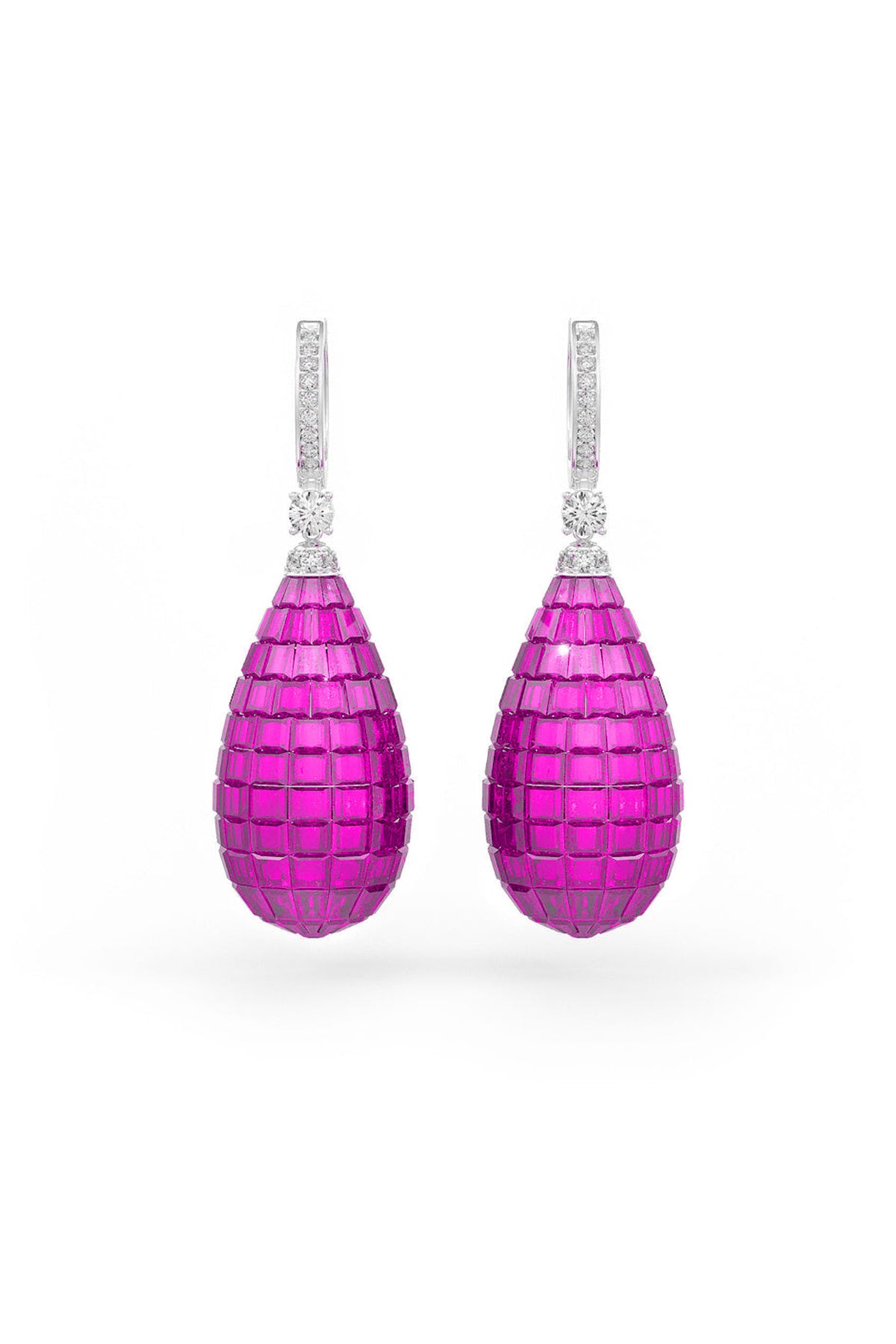 White Rhodium Finish Ruby Synthetic Spinel Dangler Earrings In Sterling Silver