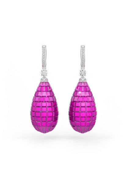 White Rhodium Finish Ruby Synthetic Spinel Dangler Earrings In Sterling Silver