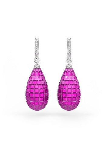 White Rhodium Finish Ruby Synthetic Spinel Dangler Earrings In Sterling Silver