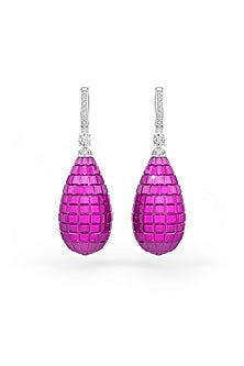 White Rhodium Finish Ruby Synthetic Spinel Dangler Earrings In Sterling Silver