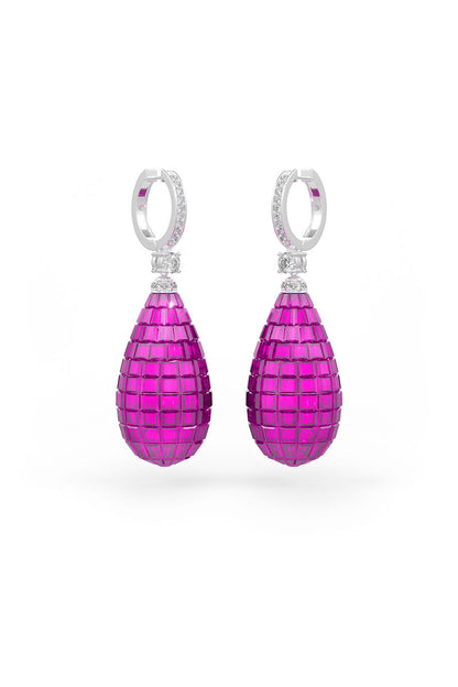 White Rhodium Finish Ruby Synthetic Spinel Dangler Earrings In Sterling Silver