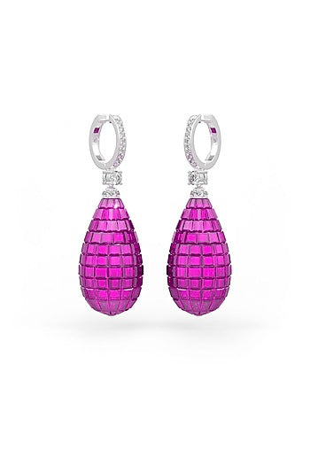 White Rhodium Finish Ruby Synthetic Spinel Dangler Earrings In Sterling Silver