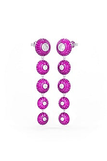 White Rhodium Finish Ruby Synthetic Spinel Dangler Earrings In Sterling Silver