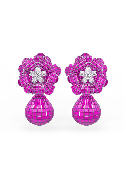White Rhodium Finish Ruby Spinel Stone Floral Dangler Earrings In Sterling Silver