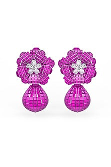 White Rhodium Finish Ruby Spinel Stone Floral Dangler Earrings In Sterling Silver