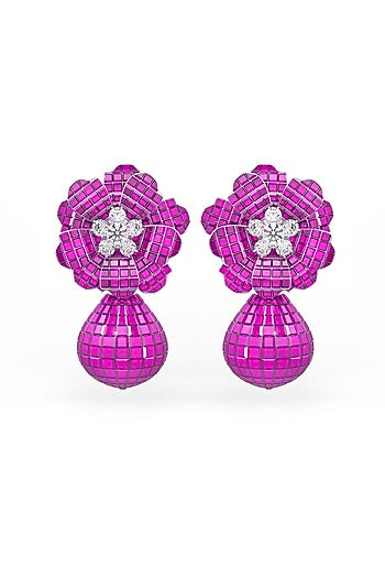 White Rhodium Finish Ruby Spinel Stone Floral Dangler Earrings In Sterling Silver