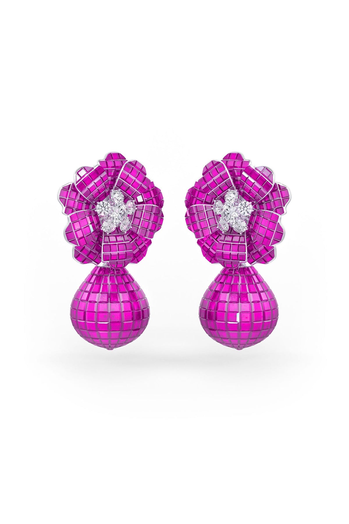 White Rhodium Finish Ruby Spinel Stone Floral Dangler Earrings In Sterling Silver