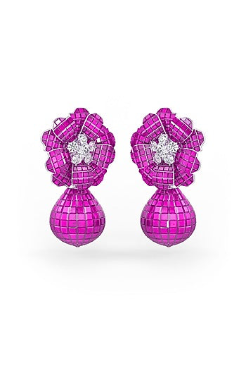 White Rhodium Finish Ruby Spinel Stone Floral Dangler Earrings In Sterling Silver