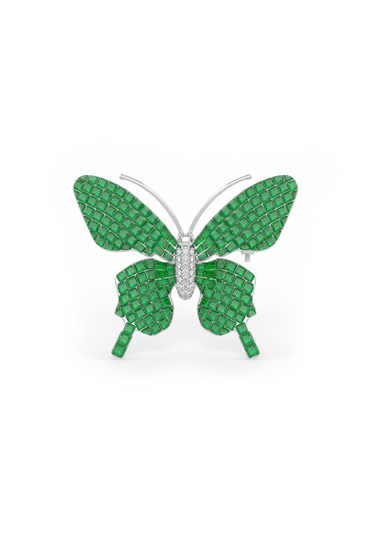 White Rhodium Finish Emerald Spinel Stone Statement Brooch In Sterling Silver