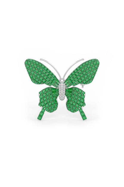 White Rhodium Finish Emerald Spinel Stone Statement Brooch In Sterling Silver