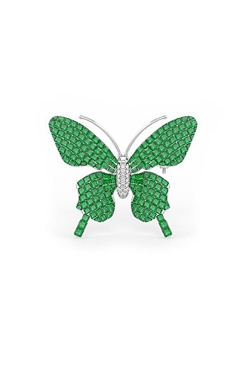 White Rhodium Finish Emerald Spinel Stone Statement Brooch In Sterling Silver